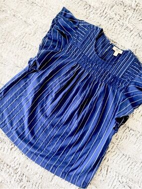 Style & Co. Navy Blue Pinstripe Short Sleeve Peasant Blouse